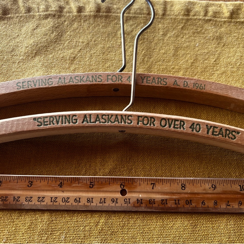 Vintage Wooden Hanger Lot of 2 David Green Fur Anchorage Alaska 1960s ~Rare